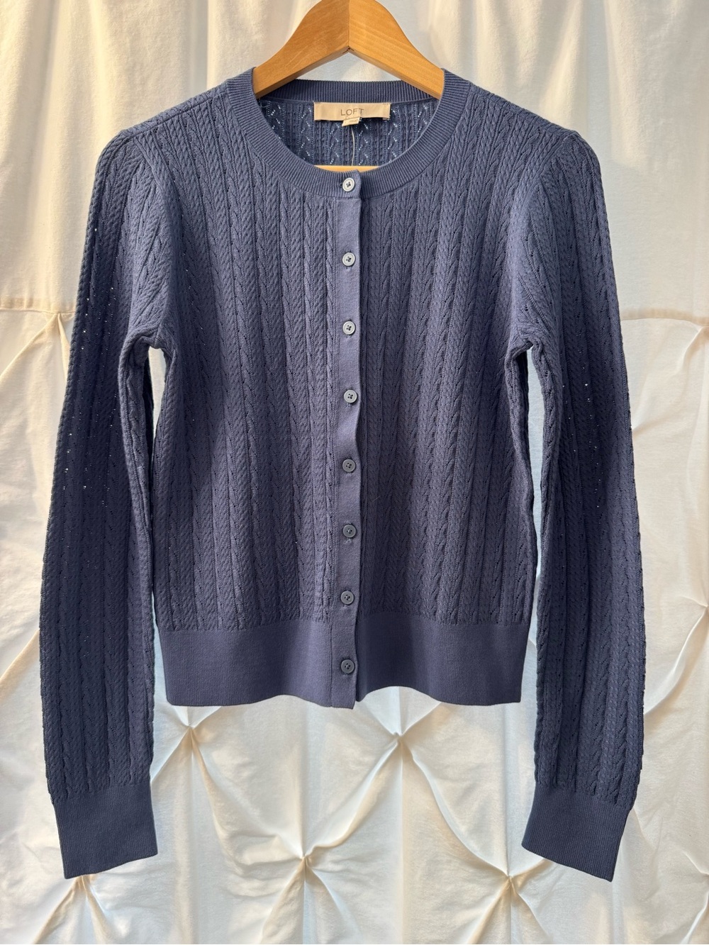 LOFT Blue Cable Knit Button-Up Cardigan, Size Small NWT